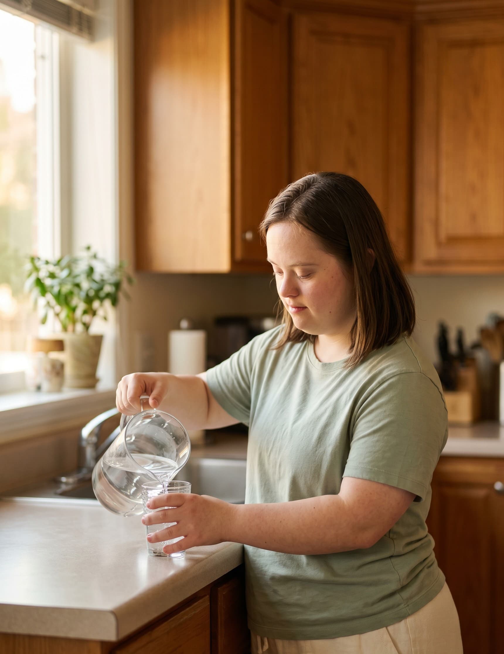 A young adult with Down syndrome pouring a fresh glass of water in a sunlit kitchen