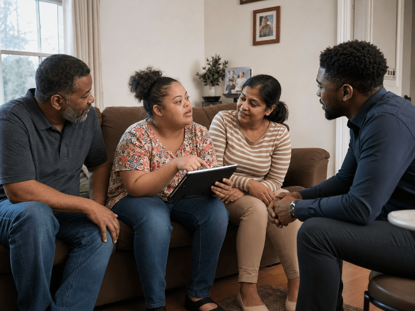 A family having a warm support planning conversation in a living room