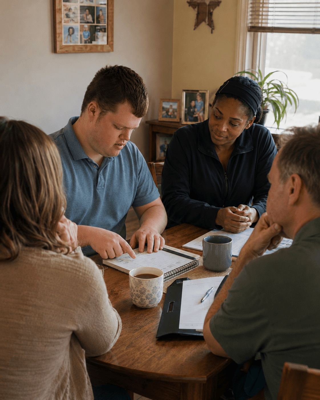 A family and support team reviewing a care plan together at a table
